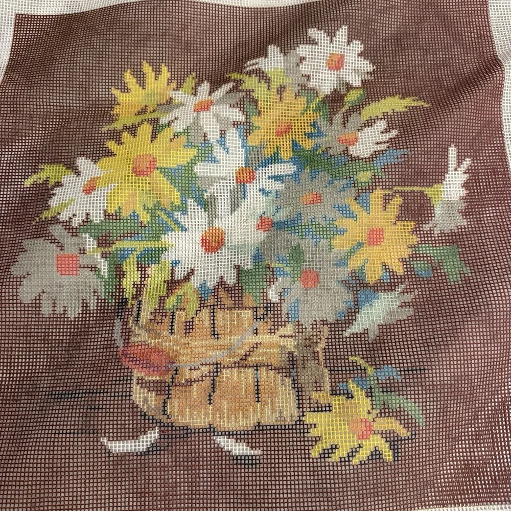 Needlepoint Canvas 1970s Vintage Sunset Bouquet Of Flowers Daisies Retro Floral